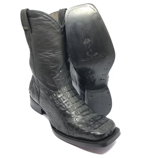 Bota Texana de Couro Legítimo de Jacaré Preto - Cano Médio, Bico Quadrado - Solado de Couro Artesanal