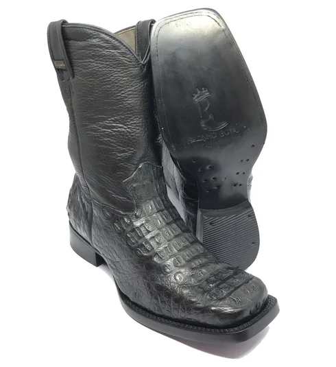 Bota Texana de Couro Legítimo de Jacaré Preto - Cano Médio, Bico Quadrado - Solado de Couro Artesanal