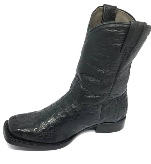 Bota Texana de Couro Legítimo de Jacaré Preto - Cano Médio, Bico Quadrado - Solado de Couro Artesanal