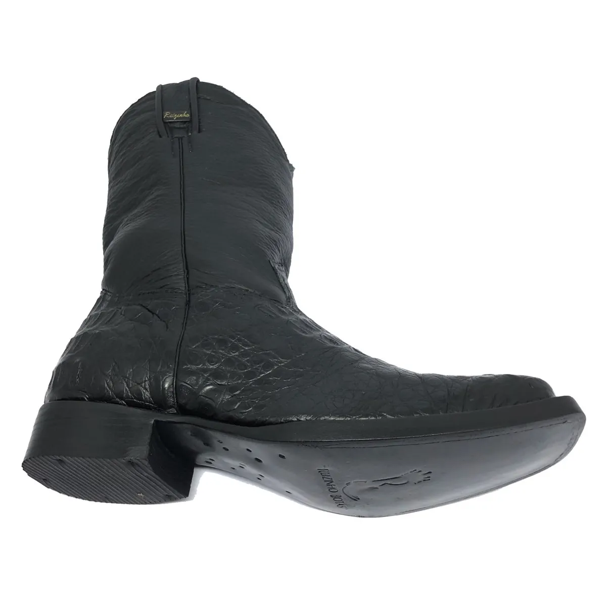 Bota Texana de Couro Legítimo de Jacaré Preto - Cano Médio, Bico Quadrado - Solado de Couro Artesanal