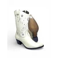 Bota Texana Feminina de Couro Bovino Branco Gelo - Cano Alto, Bico Fino | Reizinho Botas - imagem 1