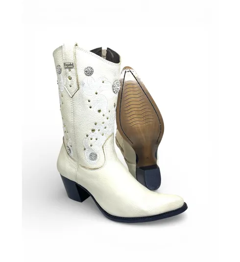 Bota Texana Feminina de Couro Bovino Branco Gelo - Cano Alto, Bico Fino | Reizinho Botas