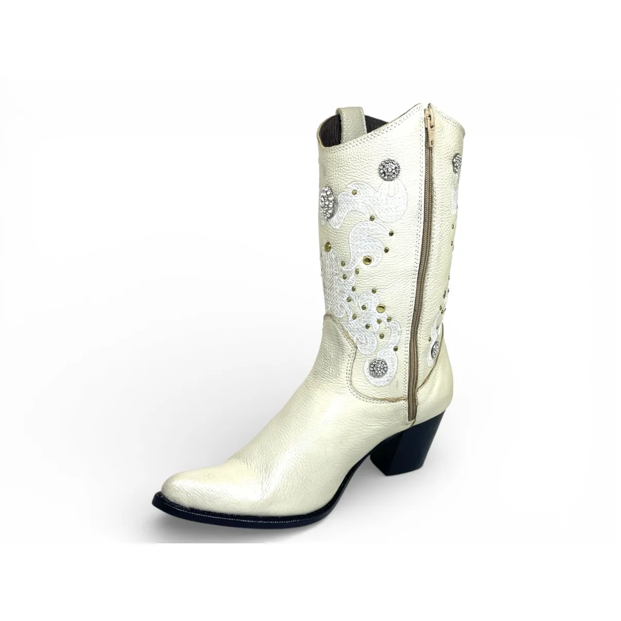Bota Texana Feminina de Couro Bovino Branco Gelo - Cano Alto, Bico Fino | Reizinho Botas