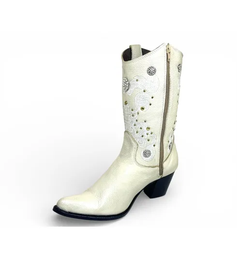 Bota Texana Feminina de Couro Bovino Branco Gelo - Cano Alto, Bico Fino | Reizinho Botas