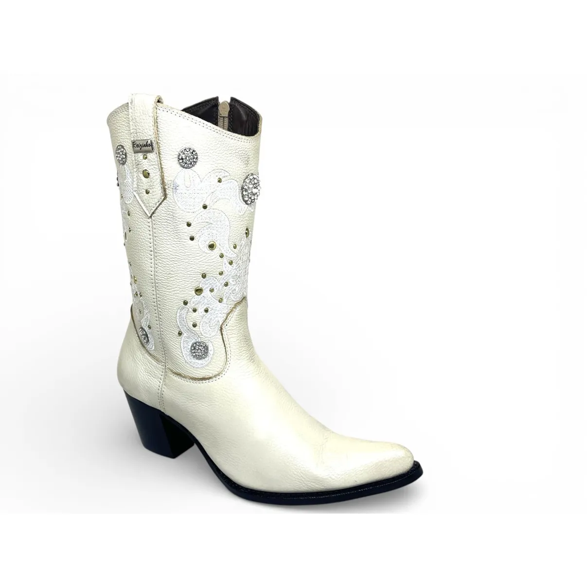 Bota Texana Feminina de Couro Bovino Branco Gelo - Cano Alto, Bico Fino | Reizinho Botas
