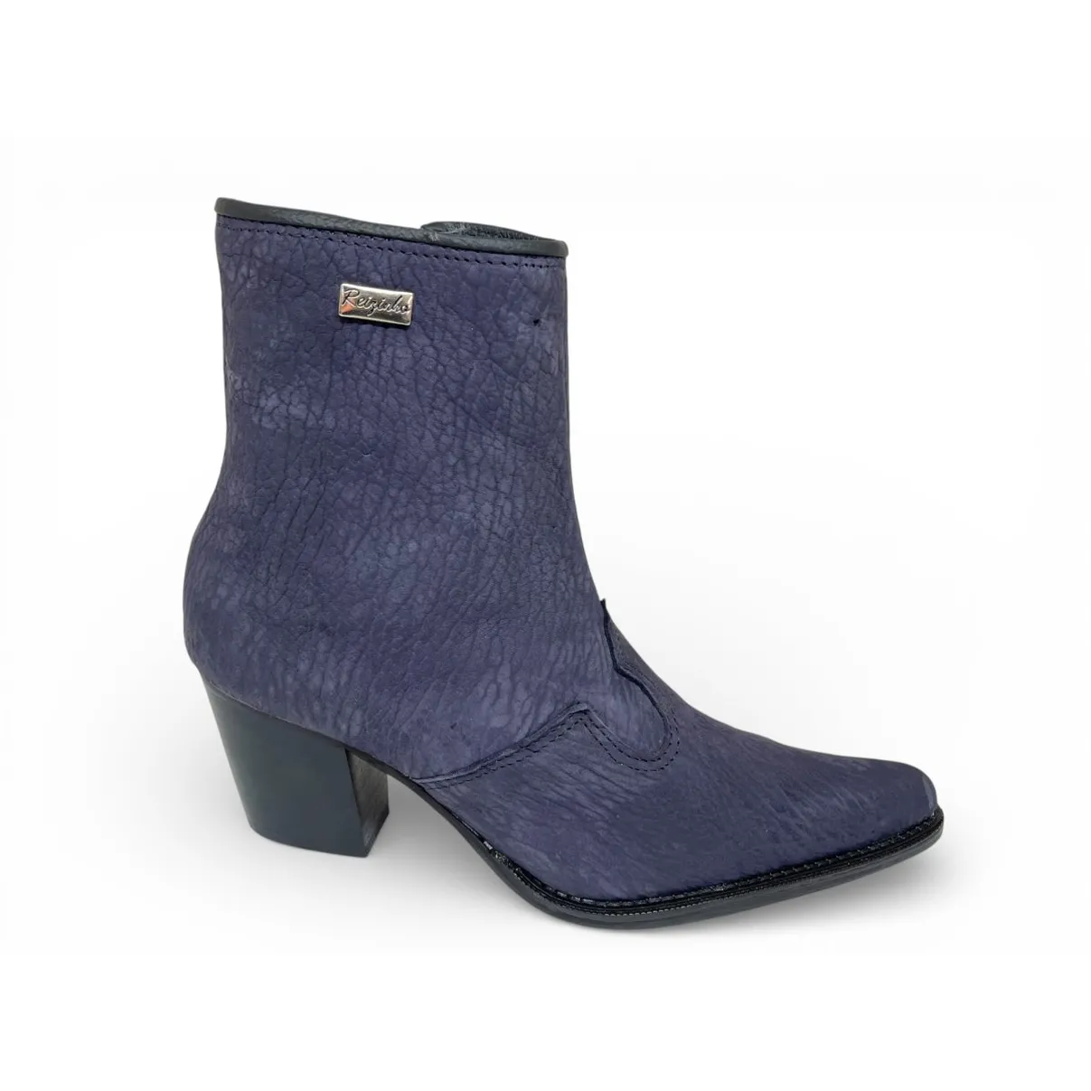 Bota Texana Feminina Reizinho Premium de Couro Legítimo de Lobo Marinho Navy Blue - Cano Curto Zíper, Bico Fino | Reizinho Botas