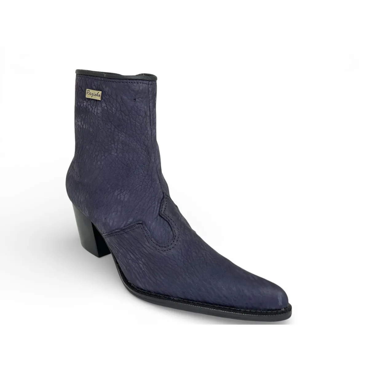 Bota Texana Feminina Reizinho Premium de Couro Legítimo de Lobo Marinho Navy Blue - Cano Curto Zíper, Bico Fino | Reizinho Botas