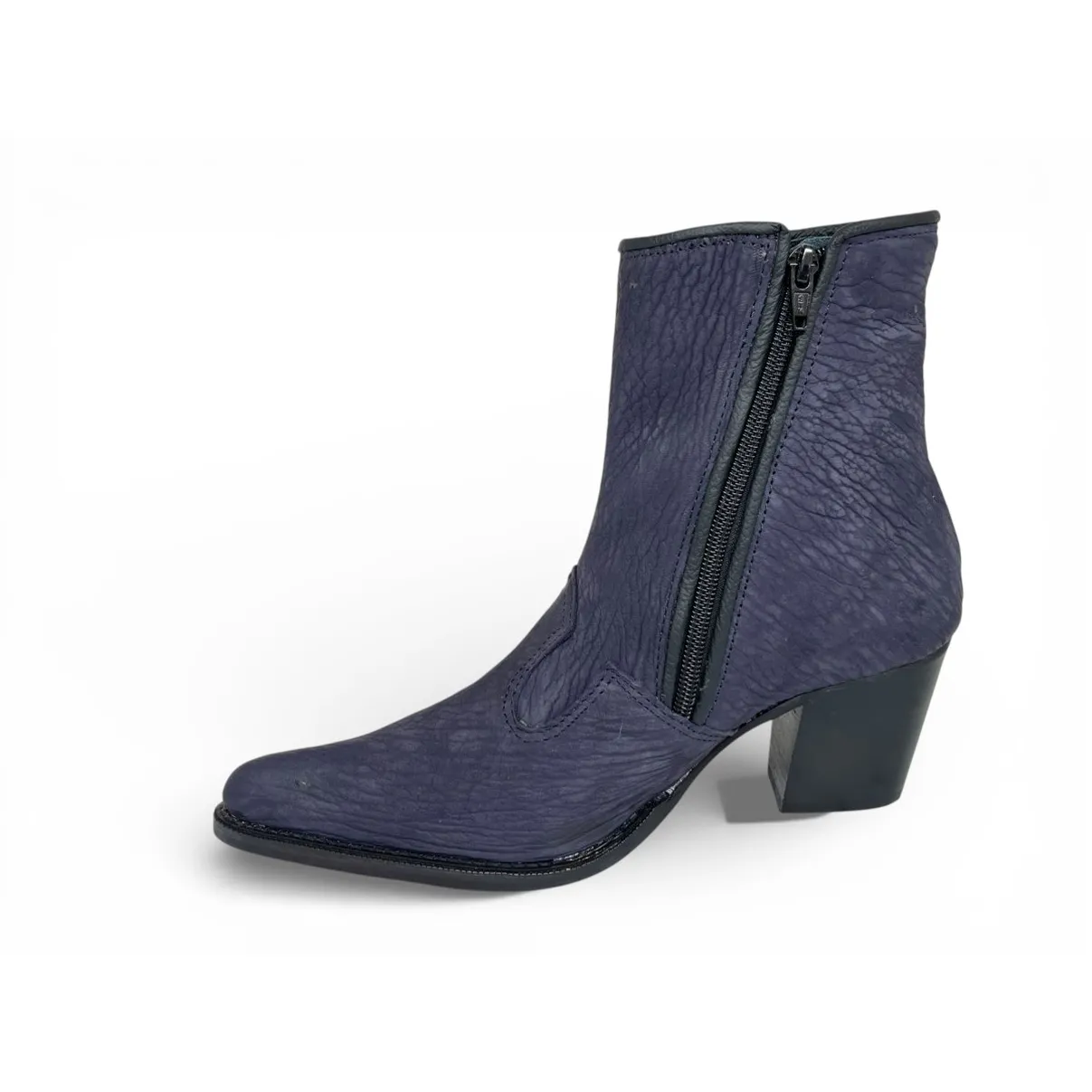 Bota Texana Feminina Reizinho Premium de Couro Legítimo de Lobo Marinho Navy Blue - Cano Curto Zíper, Bico Fino | Reizinho Botas