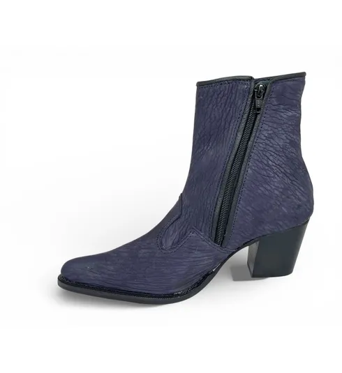 Bota Texana Feminina Reizinho Premium de Couro Legítimo de Lobo Marinho Navy Blue - Cano Curto Zíper, Bico Fino | Reizinho Botas