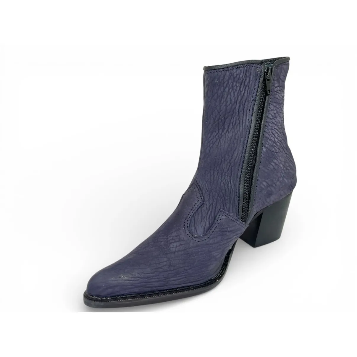 Bota Texana Feminina Reizinho Premium de Couro Legítimo de Lobo Marinho Navy Blue - Cano Curto Zíper, Bico Fino | Reizinho Botas