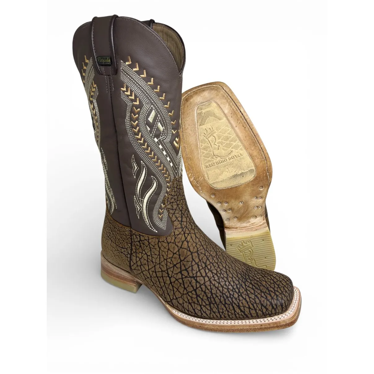 Bota Texana Reizinho Premium de Couro Legítimo de Bisão Black Cognac - Cano Alto Marrom, Bico Quadrado - Solado de Couro Artesanal Injetado