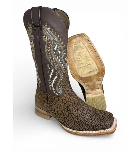 Bota Texana Reizinho Premium de Couro Legítimo de Bisão Black Cognac - Cano Alto Marrom, Bico Quadrado - Solado de Couro Artesanal Injetado