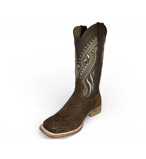 Bota Texana Reizinho Premium de Couro Legítimo de Bisão Black Cognac - Cano Alto Marrom, Bico Quadrado - Solado de Couro Artesanal Injetado