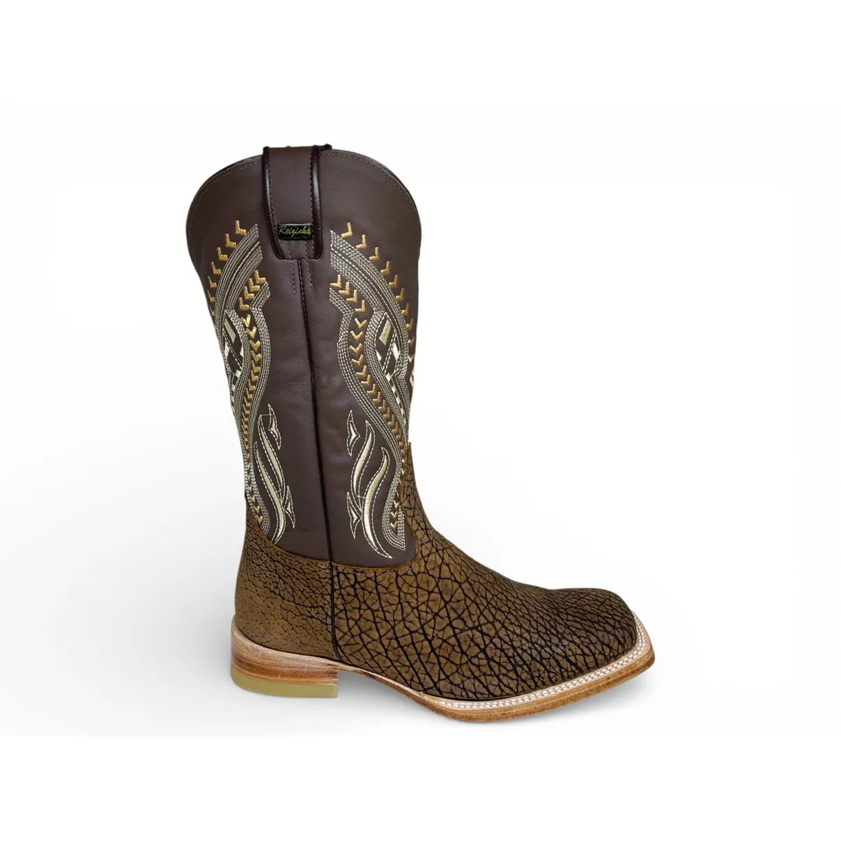 Bota Texana Reizinho Premium de Couro Legítimo de Bisão Black Cognac - Cano Alto Marrom, Bico Quadrado - Solado de Couro Artesanal Injetado