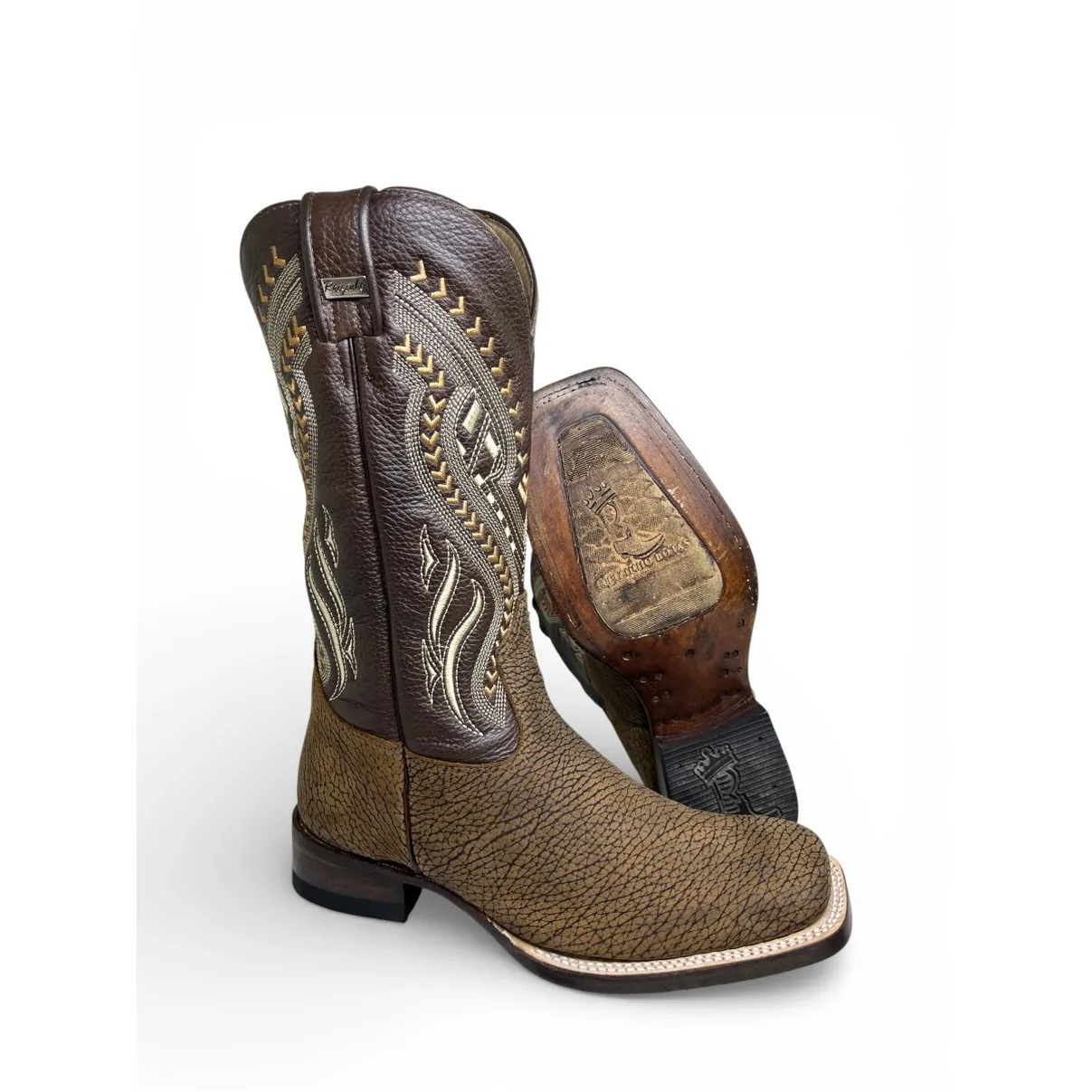 Bota Texana Reizinho Premium de Couro Legítimo de Bisão Black Cognac - Cano Alto, Bico Quadrado - Solado de Couro Artesanal Injetado