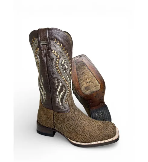 Bota Texana Reizinho Premium de Couro Legítimo de Bisão Black Cognac - Cano Alto, Bico Quadrado - Solado de Couro Artesanal Injetado
