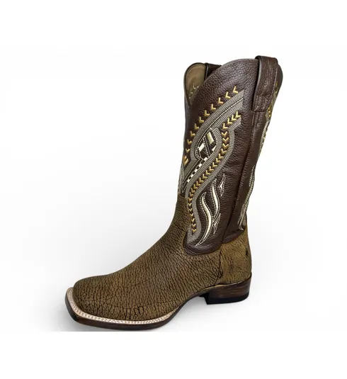 Bota Texana Reizinho Premium de Couro Legítimo de Bisão Black Cognac - Cano Alto, Bico Quadrado - Solado de Couro Artesanal Injetado