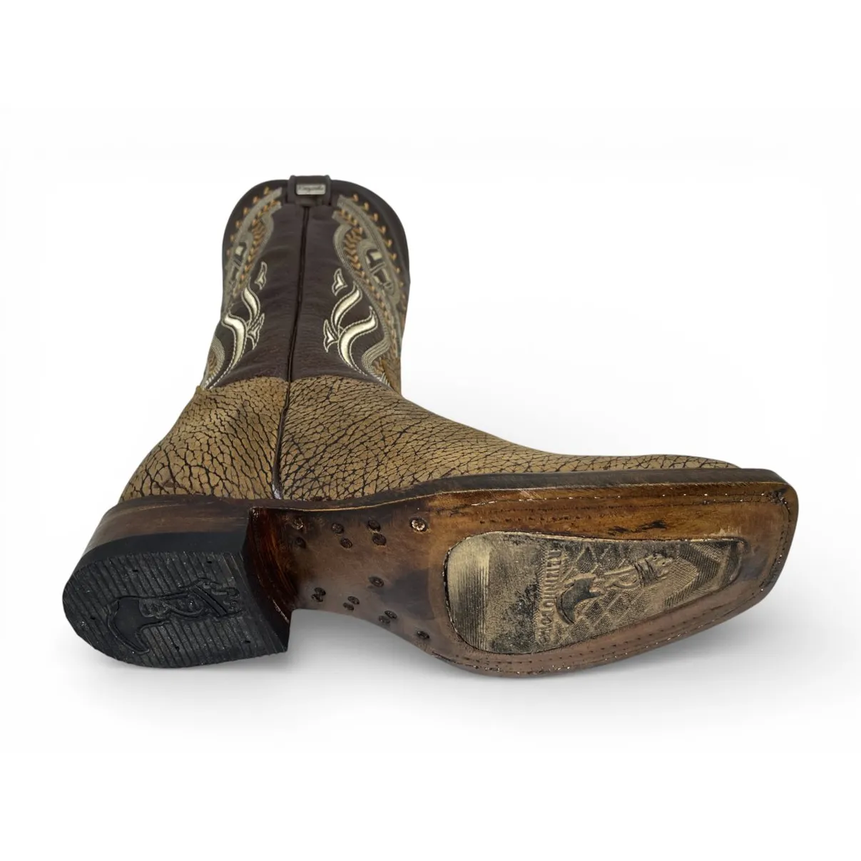 Bota Texana Reizinho Premium de Couro Legítimo de Bisão Black Cognac - Cano Alto, Bico Quadrado - Solado de Couro Artesanal Injetado