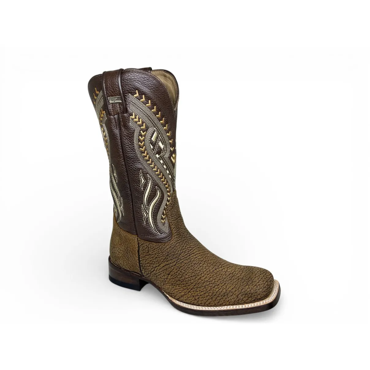 Bota Texana Reizinho Premium de Couro Legítimo de Bisão Black Cognac - Cano Alto, Bico Quadrado - Solado de Couro Artesanal Injetado