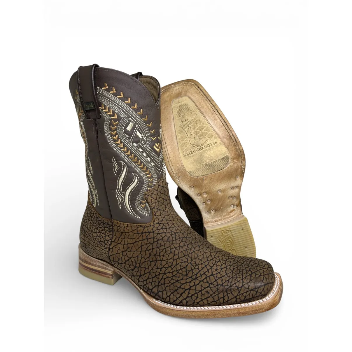 Bota Texana Reizinho Premium de Couro Legítimo de Bisão Black Cognac - Cano Médio, Bico Quadrado - Solado de Couro Artesanal