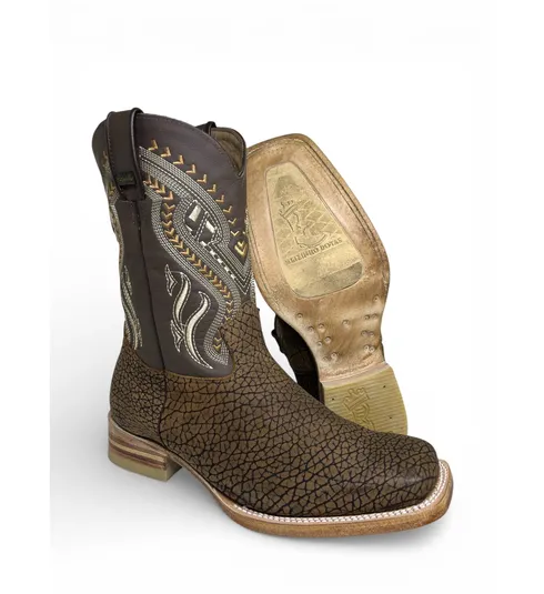 Bota Texana Reizinho Premium de Couro Legítimo de Bisão Black Cognac - Cano Médio, Bico Quadrado - Solado de Couro Artesanal