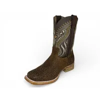 Bota Texana Reizinho Premium de Couro Legítimo de Bisão Black Cognac - Cano Médio, Bico Quadrado - Solado de Couro Artesanal - imagem 7