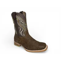 Bota Texana Reizinho Premium de Couro Legítimo de Bisão Black Cognac - Cano Médio, Bico Quadrado - Solado de Couro Artesanal - imagem 6