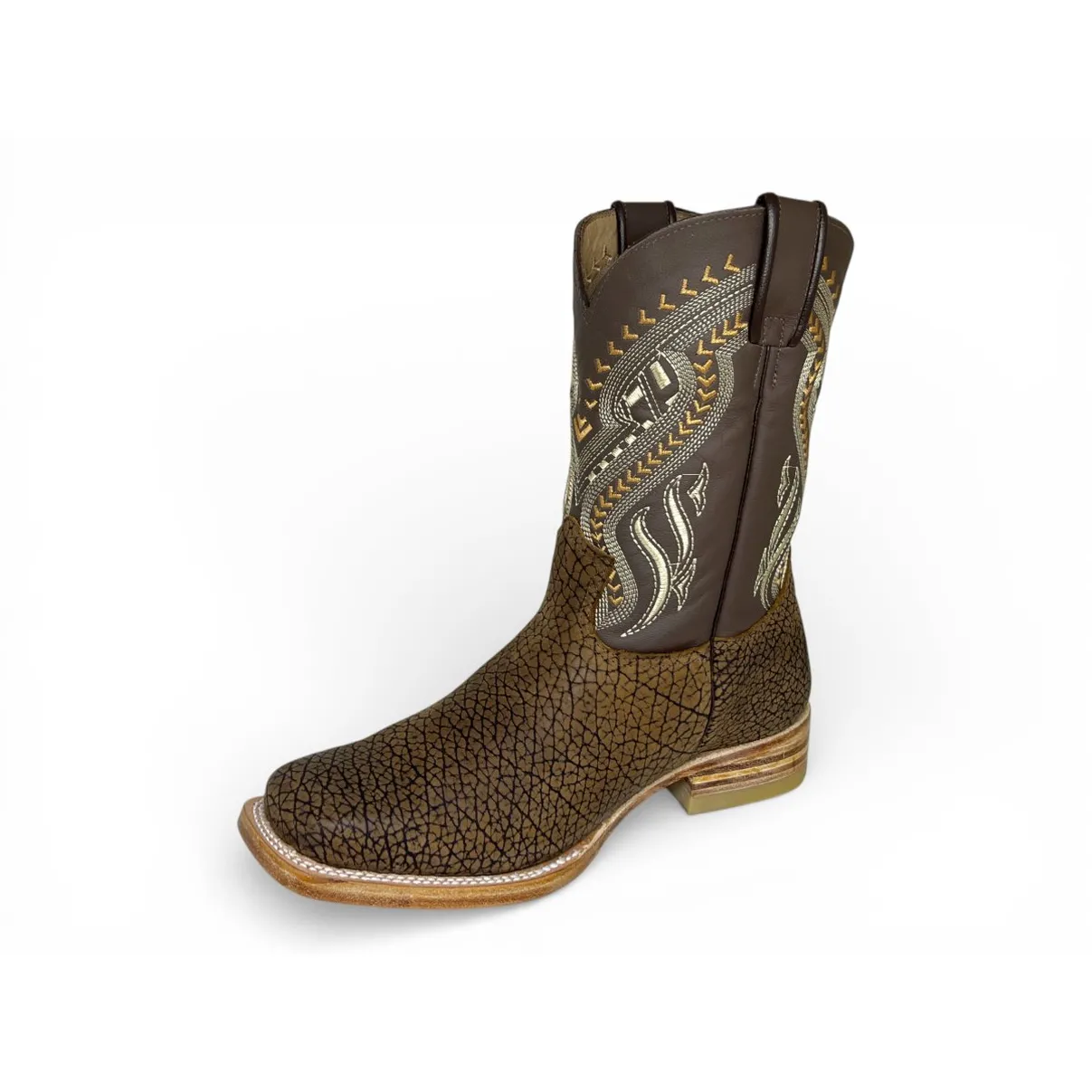 Bota Texana Reizinho Premium de Couro Legítimo de Bisão Black Cognac - Cano Médio, Bico Quadrado - Solado de Couro Artesanal
