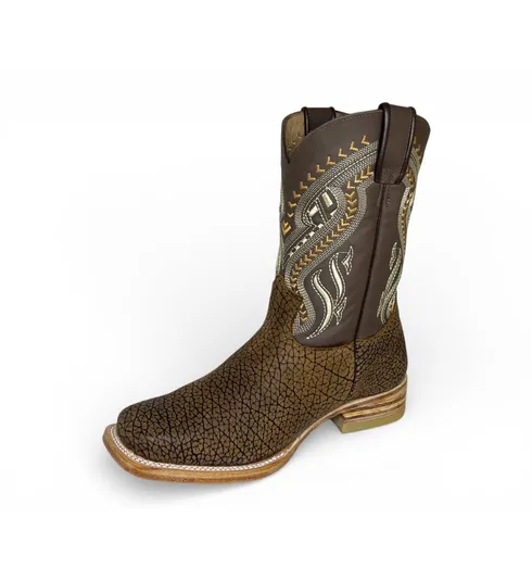 Bota Texana Reizinho Premium de Couro Legítimo de Bisão Black Cognac - Cano Médio, Bico Quadrado - Solado de Couro Artesanal
