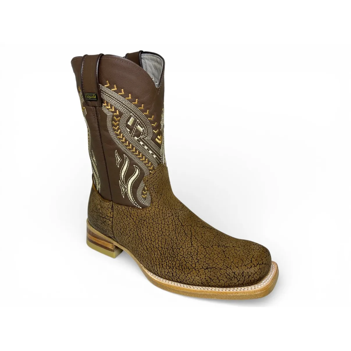 Bota Texana Reizinho Premium de Couro Legítimo de Bisão Black Cognac - Cano Médio, Bico Quadrado - Solado de Couro Artesanal