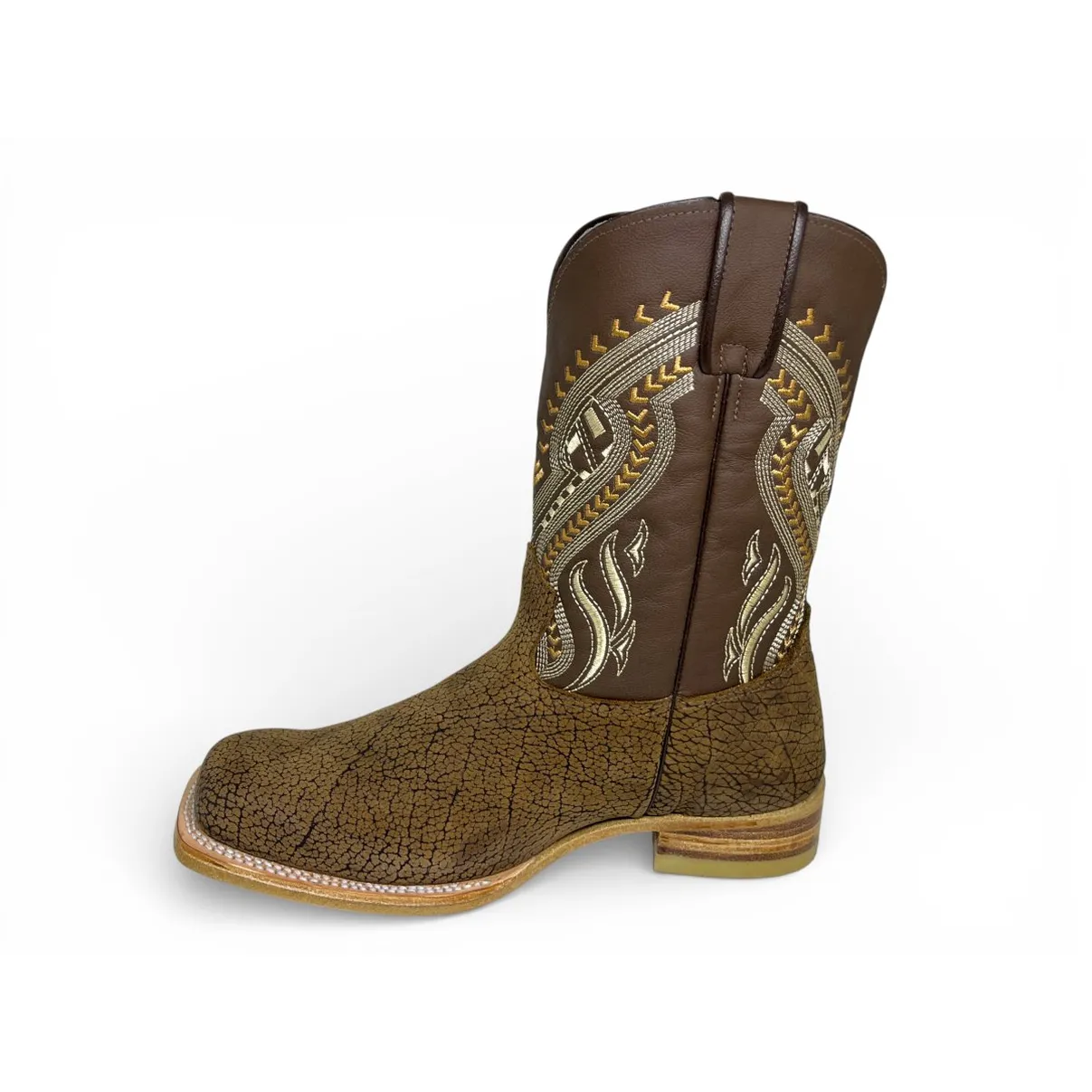 Bota Texana Reizinho Premium de Couro Legítimo de Bisão Black Cognac - Cano Médio, Bico Quadrado - Solado de Couro Artesanal