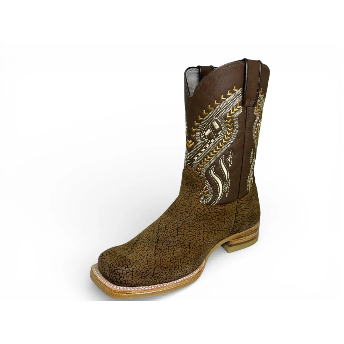 Bota Texana Reizinho Premium de Couro Legítimo de Bisão Black Cognac - Cano Médio, Bico Quadrado - Solado de Couro Artesanal