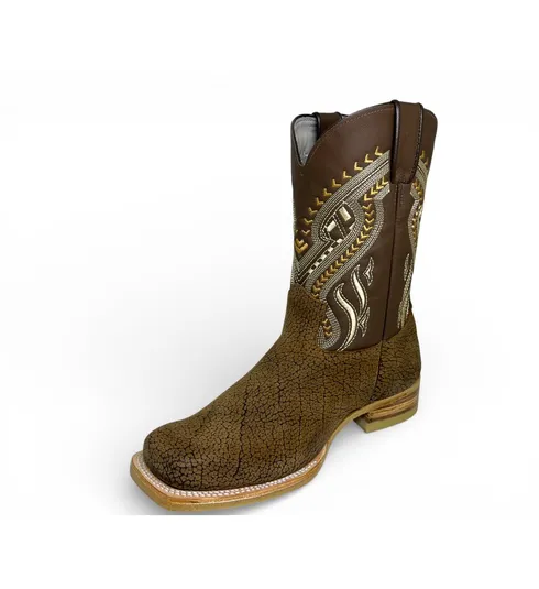 Bota Texana Reizinho Premium de Couro Legítimo de Bisão Black Cognac - Cano Médio, Bico Quadrado - Solado de Couro Artesanal