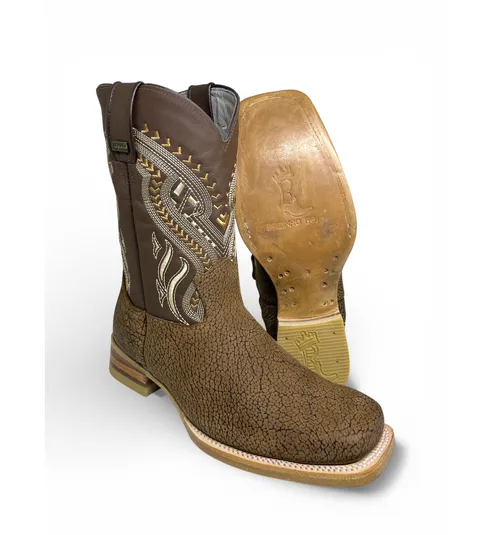 Bota Texana Reizinho Premium de Couro Legítimo de Bisão Black Cognac - Cano Médio, Bico Quadrado - Solado de Couro Artesanal