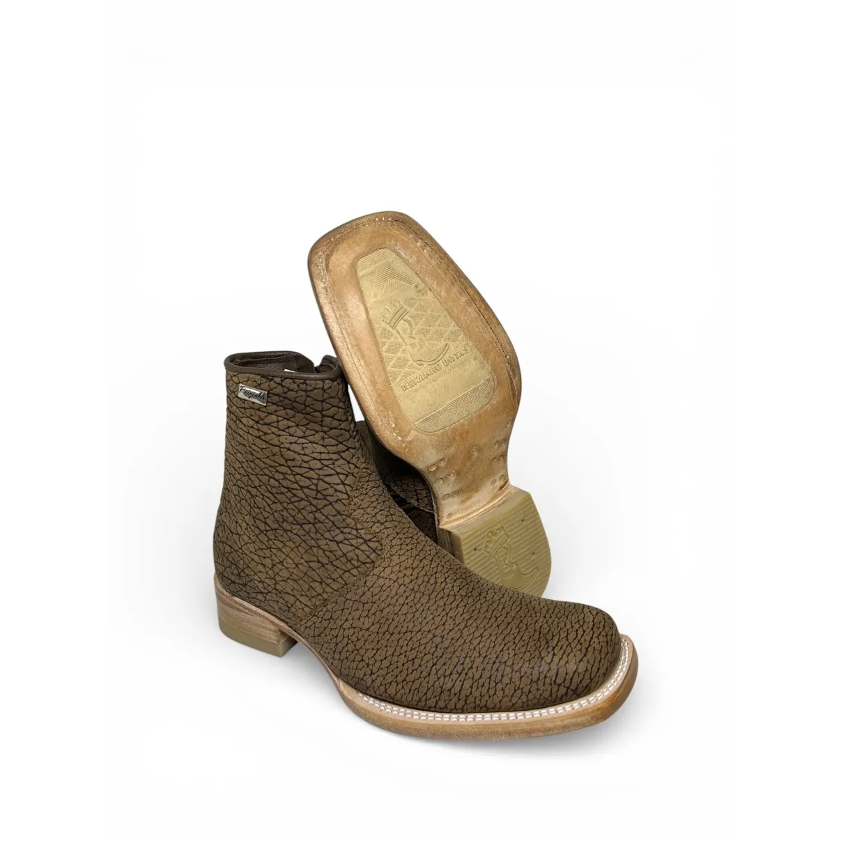 Bota Texana Reizinho Premium de Couro Legítimo de Bisão Black Cognac Marinho - Cano Curto Zíper, Bico Quadrado - Solado de Couro Artesanal