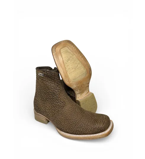 Bota Texana Reizinho Premium de Couro Legítimo de Bisão Black Cognac Marinho - Cano Curto Zíper, Bico Quadrado - Solado de Couro Artesanal