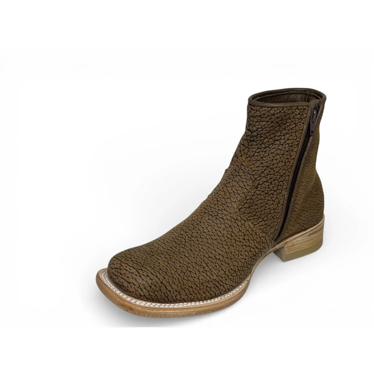 Bota Texana Reizinho Premium de Couro Legítimo de Bisão Black Cognac Marinho - Cano Curto Zíper, Bico Quadrado - Solado de Couro Artesanal