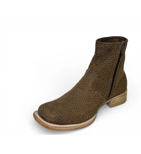 Bota Texana Reizinho Premium de Couro Legítimo de Bisão Black Cognac Marinho - Cano Curto Zíper, Bico Quadrado - Solado de Couro Artesanal