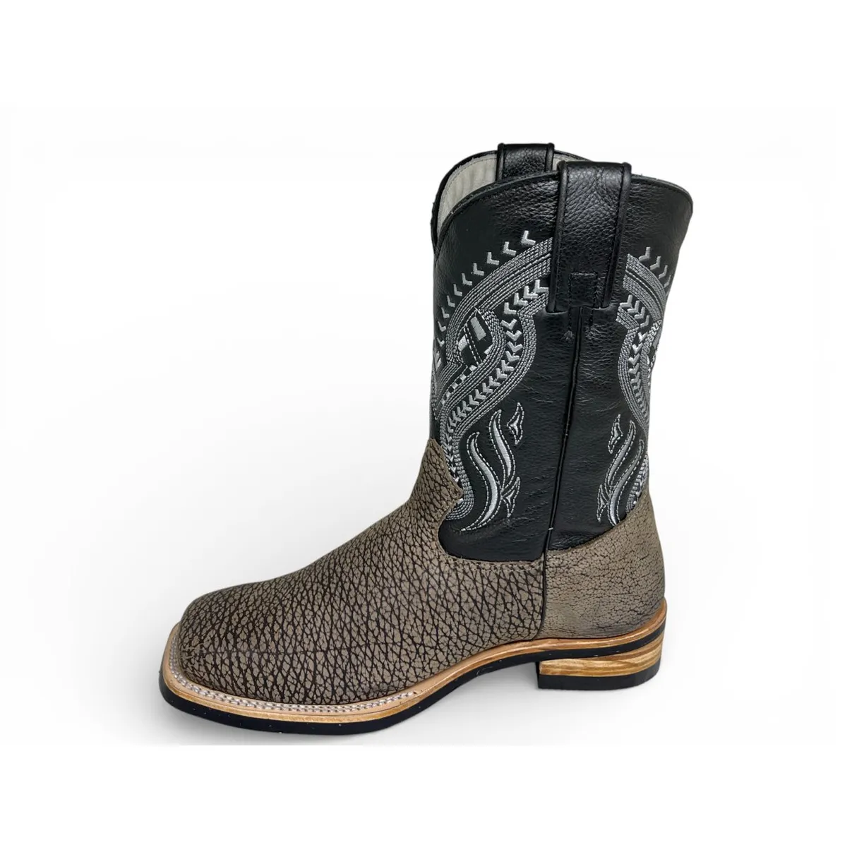 Bota Texana Reizinho Premium de Couro Legítimo de Bisão Cinza Stone - Cano Médio, Bico Quadrado - Solado X-Flex Artesanal