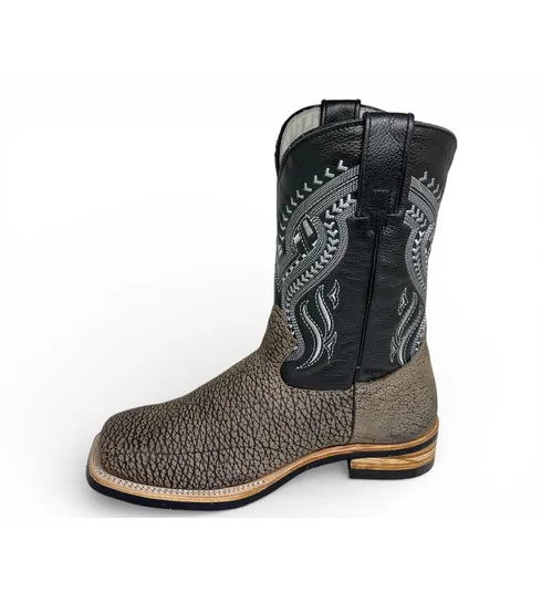Bota Texana Reizinho Premium de Couro Legítimo de Bisão Cinza Stone - Cano Médio, Bico Quadrado - Solado X-Flex Artesanal