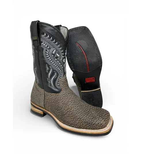 Bota Texana Reizinho Premium de Couro Legítimo de Bisão Cinza Stone - Cano Médio, Bico Quadrado - Solado X-Flex Artesanal