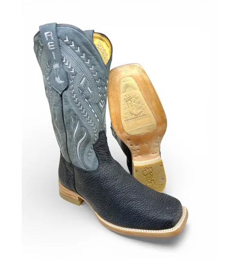 Bota Texana Reizinho Premium de Couro Legítimo de Bisão Navy Blue - Cano Alto, Bico Quadrado - Solado de Couro Artesanal