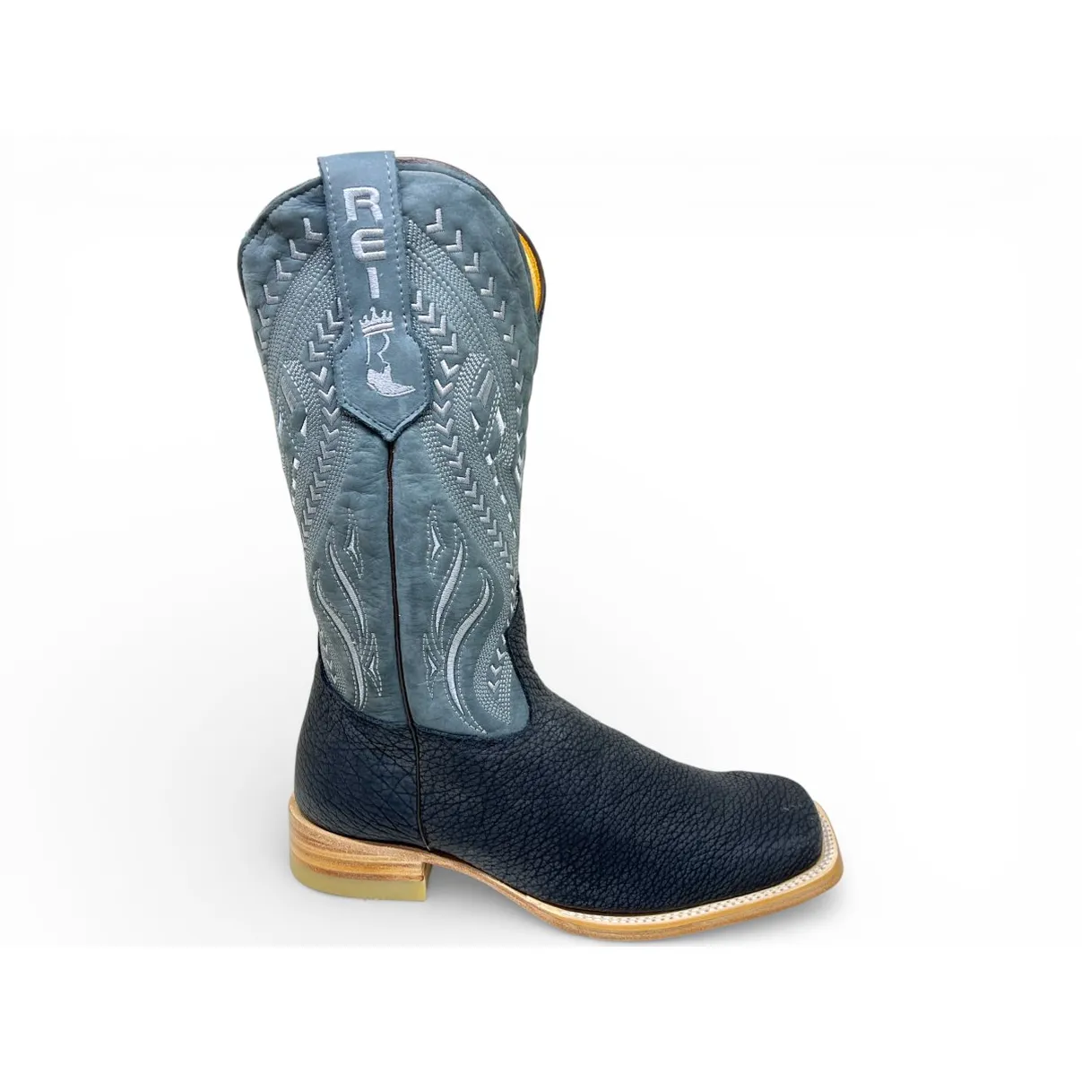 Bota Texana Reizinho Premium de Couro Legítimo de Bisão Navy Blue - Cano Alto, Bico Quadrado - Solado de Couro Artesanal