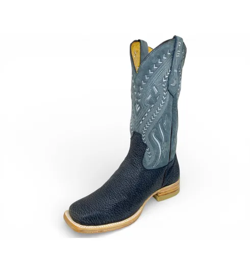 Bota Texana Reizinho Premium de Couro Legítimo de Bisão Navy Blue - Cano Alto, Bico Quadrado - Solado de Couro Artesanal