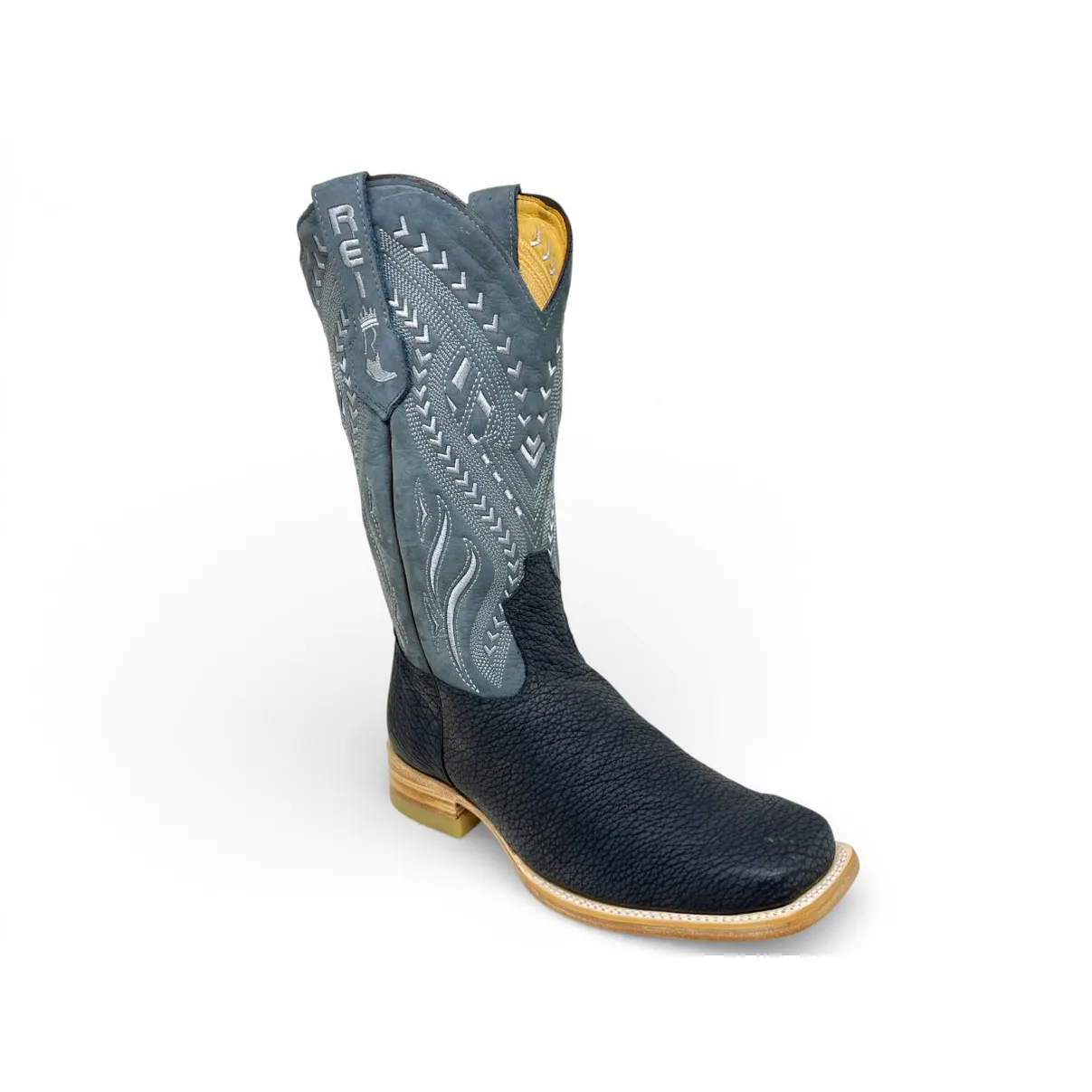 Bota Texana Reizinho Premium de Couro Legítimo de Bisão Navy Blue - Cano Alto, Bico Quadrado - Solado de Couro Artesanal