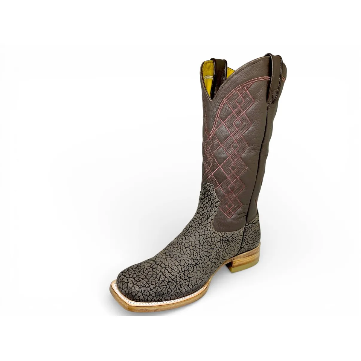 Bota Texana Reizinho Premium de Couro Legítimo de Bisão Cinza Stone - Cano Alto, Bico Quadrado - Solado de Couro Artesanal