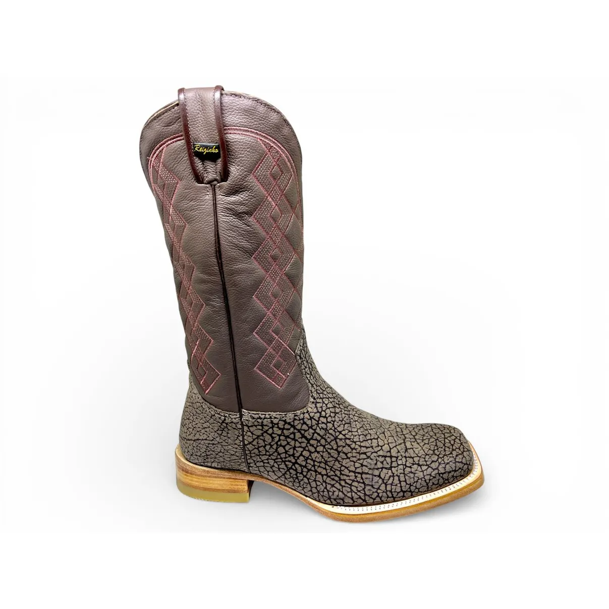 Bota Texana Reizinho Premium de Couro Legítimo de Bisão Cinza Stone - Cano Alto, Bico Quadrado - Solado de Couro Artesanal