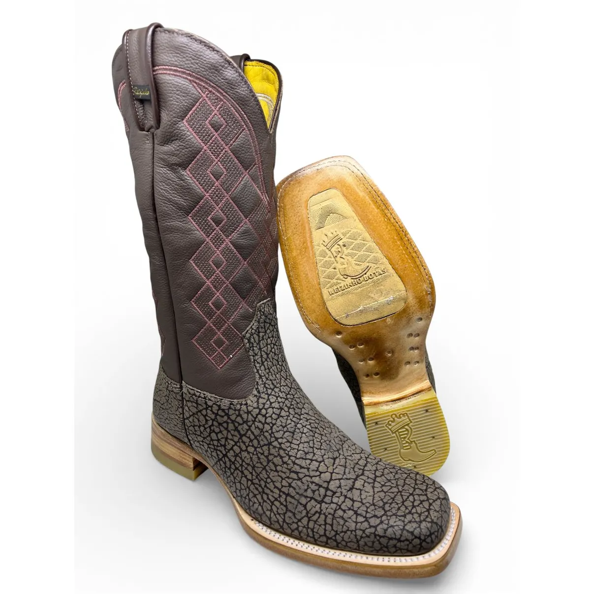 Bota Texana Reizinho Premium de Couro Legítimo de Bisão Cinza Stone - Cano Alto, Bico Quadrado - Solado de Couro Artesanal