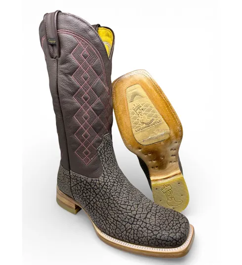 Bota Texana Reizinho Premium de Couro Legítimo de Bisão Cinza Stone - Cano Alto, Bico Quadrado - Solado de Couro Artesanal