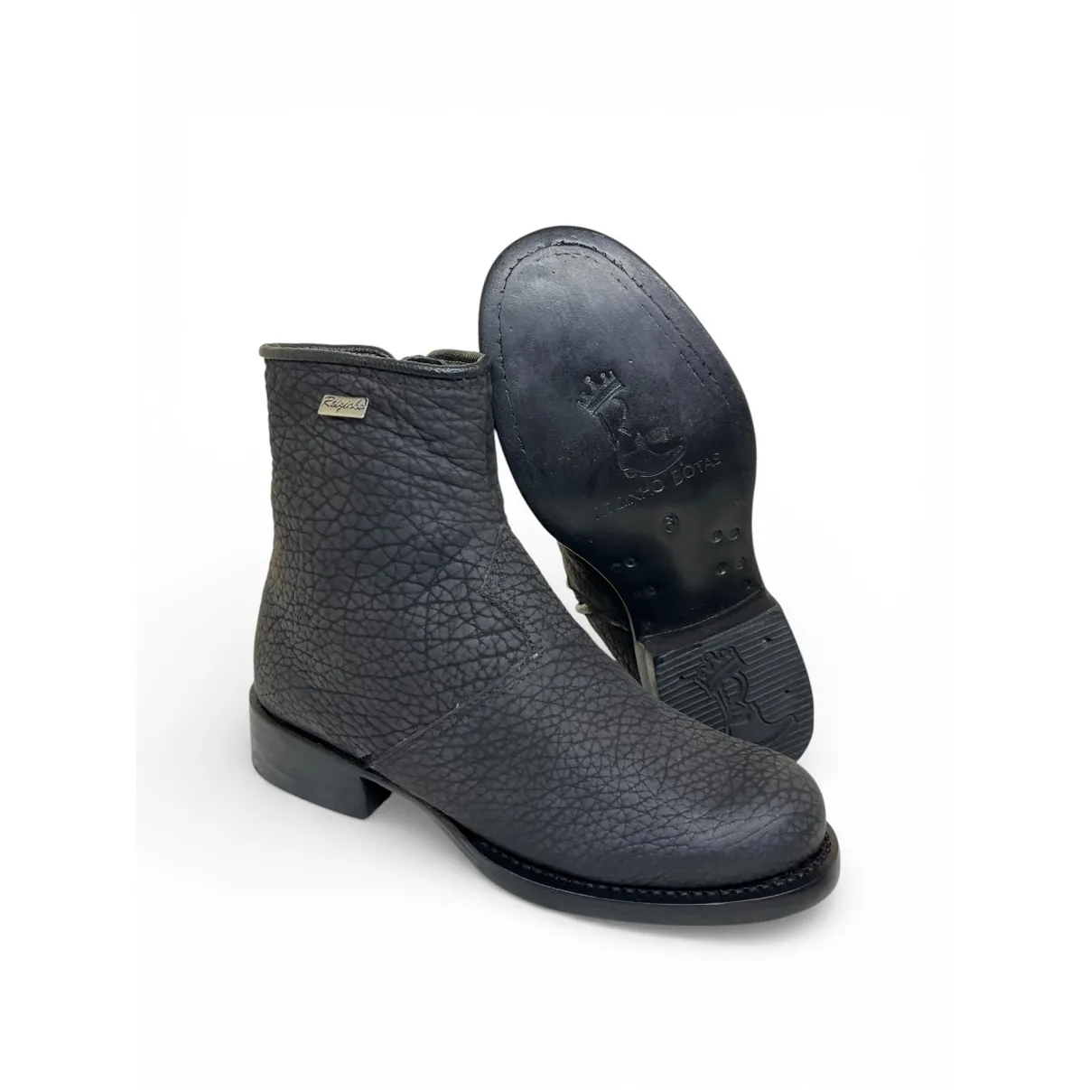 Bota Texana Reizinho Premium de Couro Legítimo de Bisão Preto - Cano Curto Zíper, Bico Redondo - Solado de Couro Artesanal
